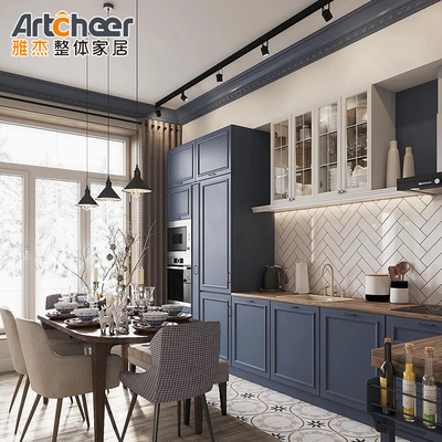 acheter Armoire de cuisine modulaire avec poignées en or et conception de section bleu foncé en contreplaqué fabrication en ligne