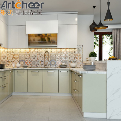 acheter Armoire de cuisine en forme de U en pierre de quartz de couleur verte pour un design de cuisine moderne et élégant fabrication en ligne