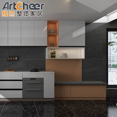 acheter Armoire de cuisine à finition de laque haute brillance avec armoire haute et table d'îlot fabrication en ligne
